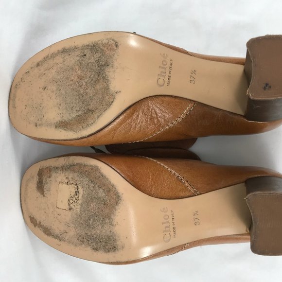 Chloe Tan Leather Lace Up Kiltie Bootie Stacked Heel Pumps Made in Italy - Picture 8 of 10